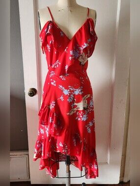 Red Floral High-Low Wrap Dress with Ruffle Hem